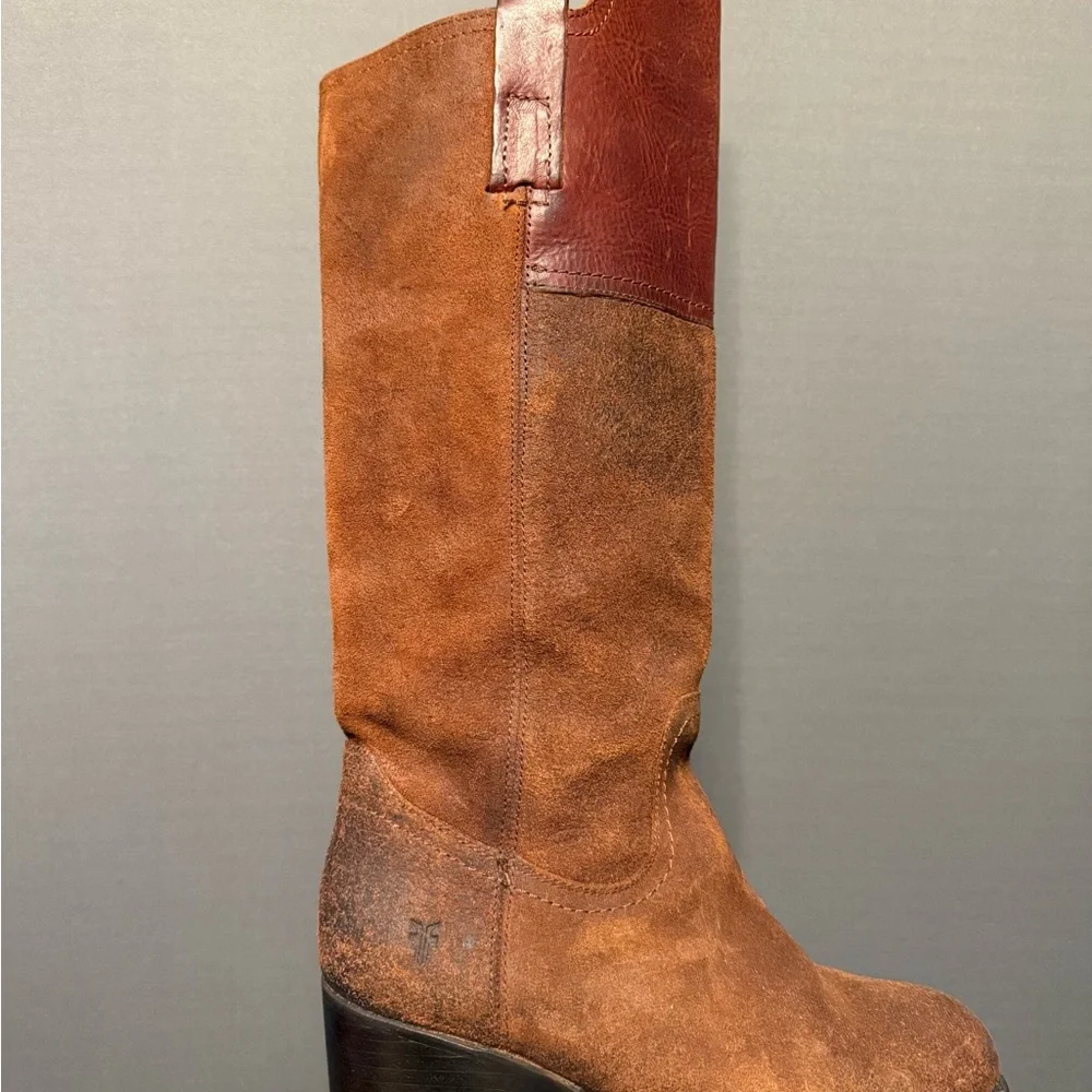 Frye Two-Tone Brown Leather Heeled Boots - Picture 2 of 6